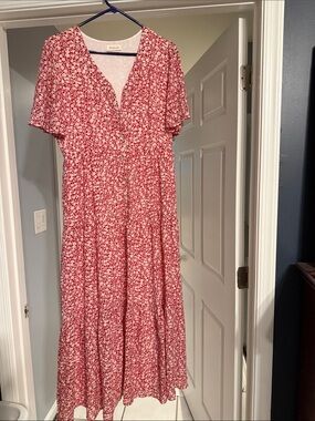 Cottagecore Red Floral V-Neck Maxi Dress